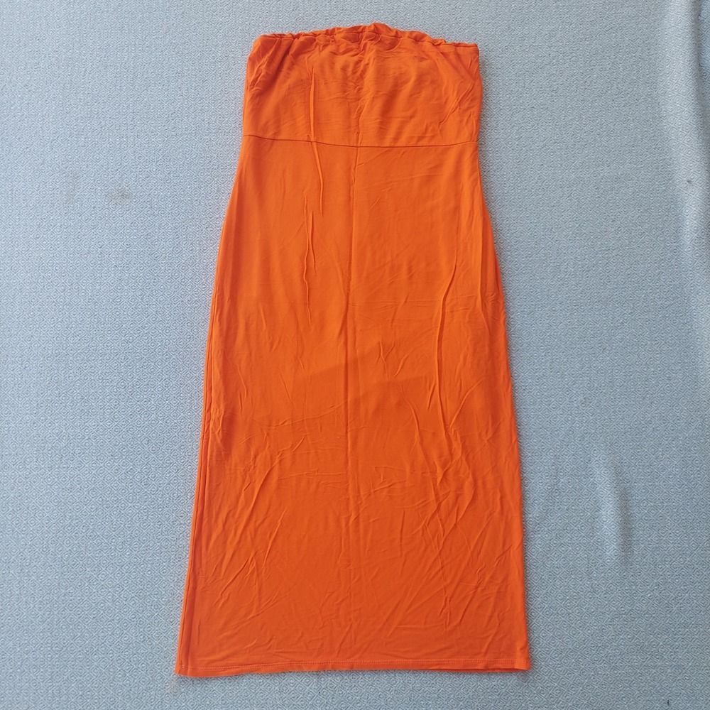 See You Monday Strapless Orange Midi Dress